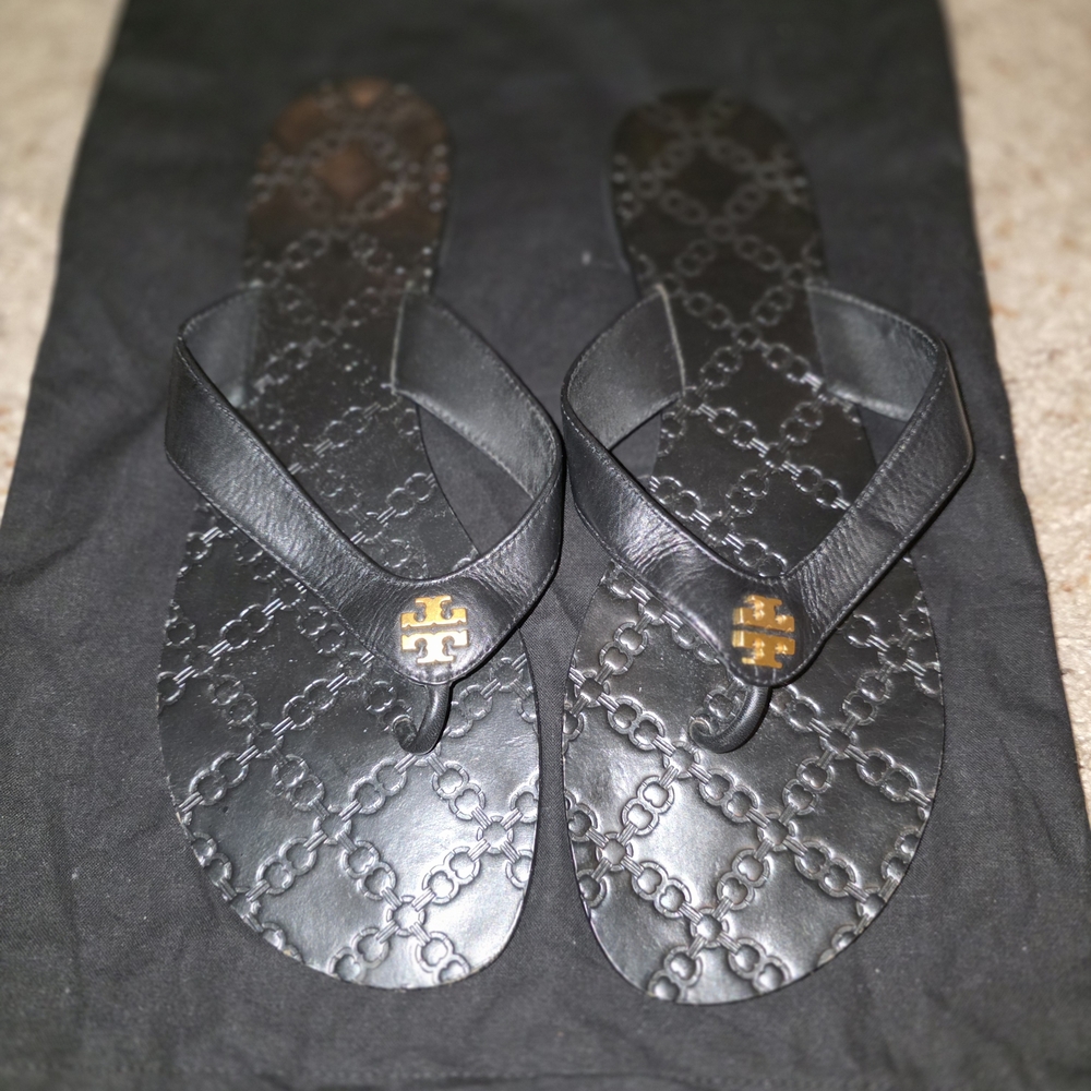 Tory Burch Black Sandals with Gold Logo MONROE FLIP FLOP